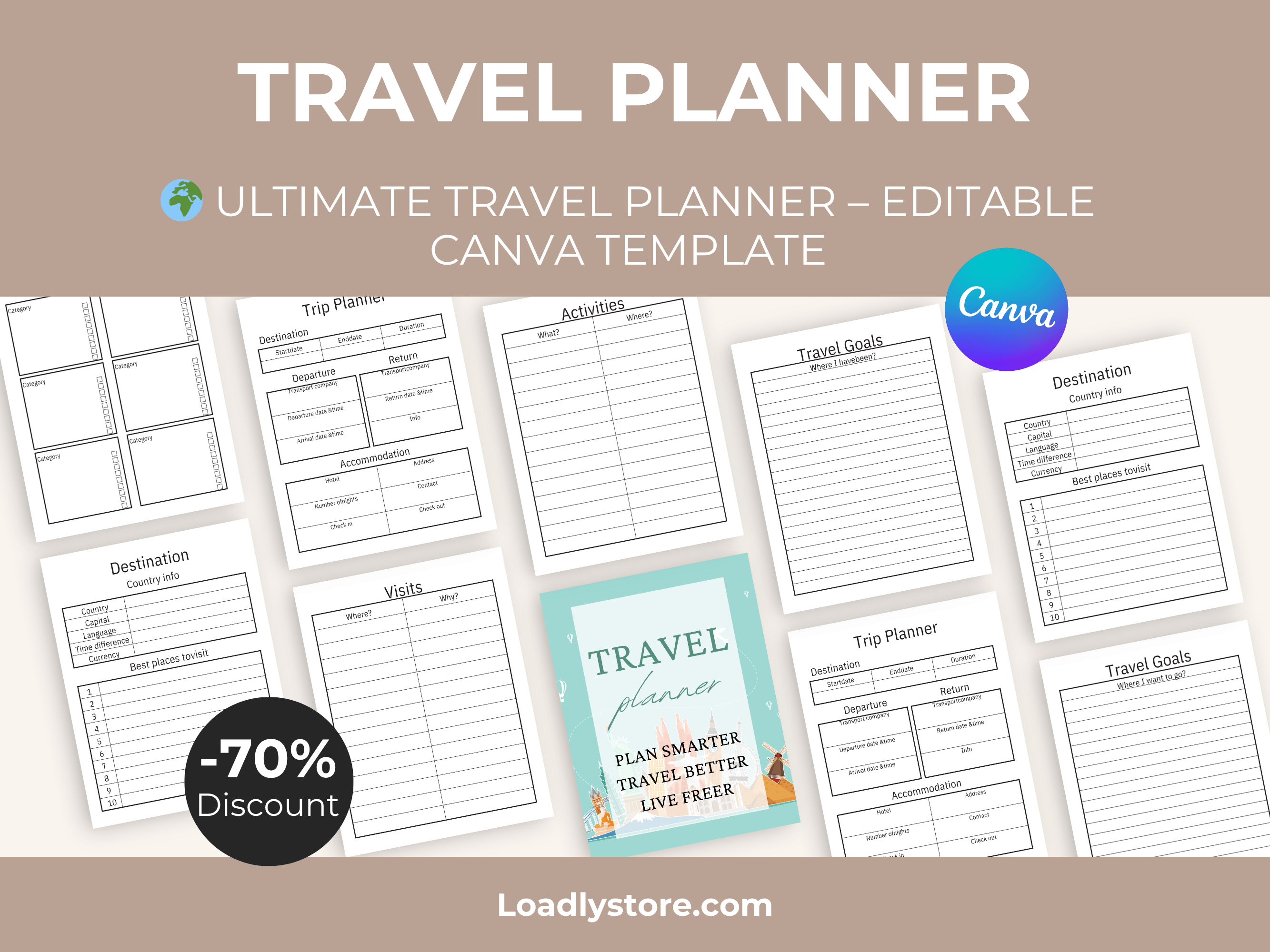 🌍 Ultimate Travel Planner – Editable Canva Template