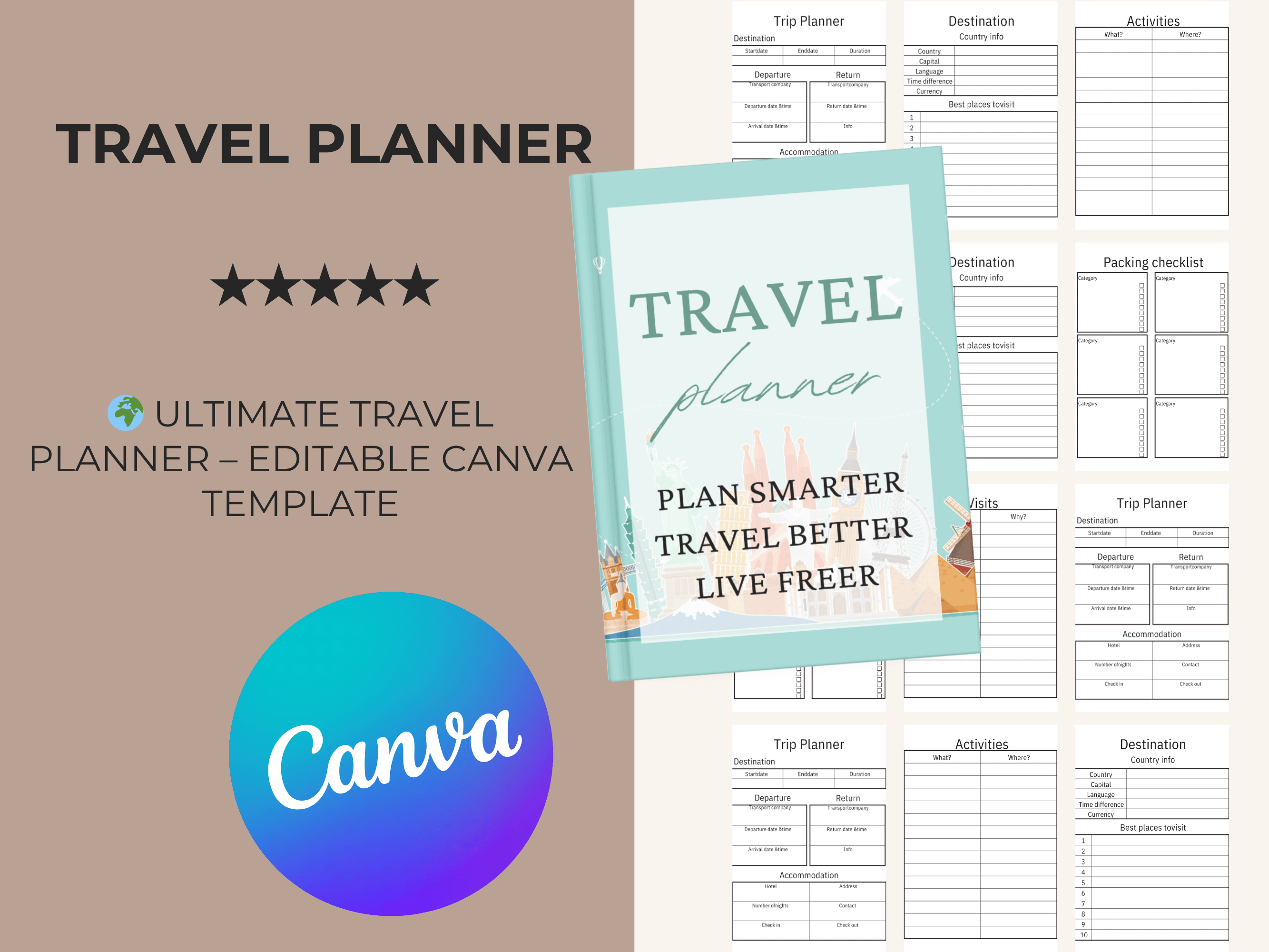 🌍 Ultimate Travel Planner – Editable Canva Template